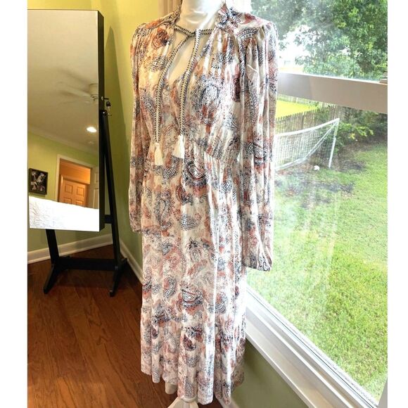 FRYE Women's Midi Dress Paisley Boho Festival Sz M Long Sleeve V Neck BNWT - Picture 1 of 12